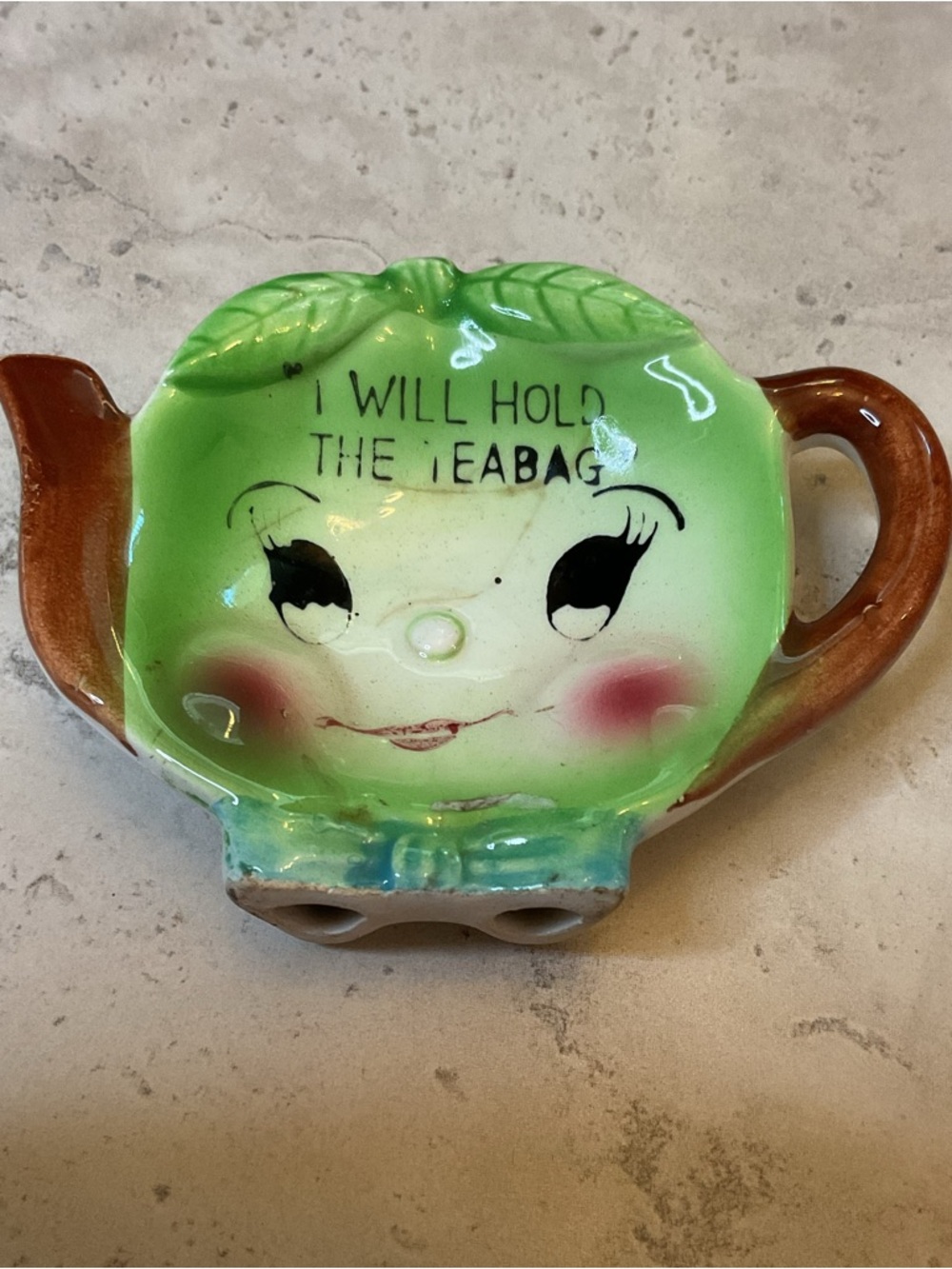 Vintage Davar Anthropomorphic fruit ceramic Green Teapot Tea Bag Holder